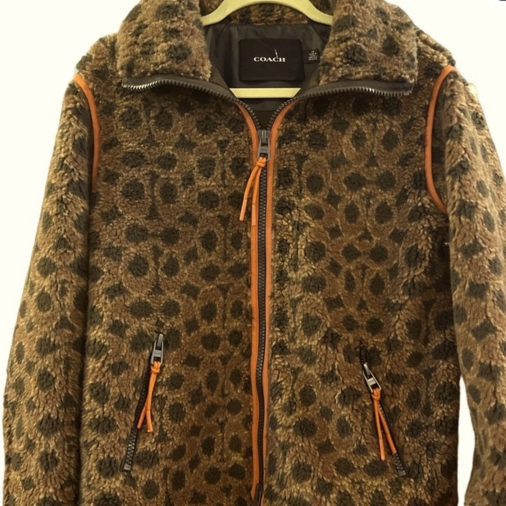 Coach Brown Leopard Print Faux Fur Zip Jacket with Tan Trim